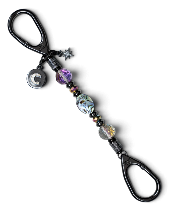 LD Keyfinder Midnight Aurora-Mini keychain with abalone shell, rainbow crystal beads, and moon and star charms.