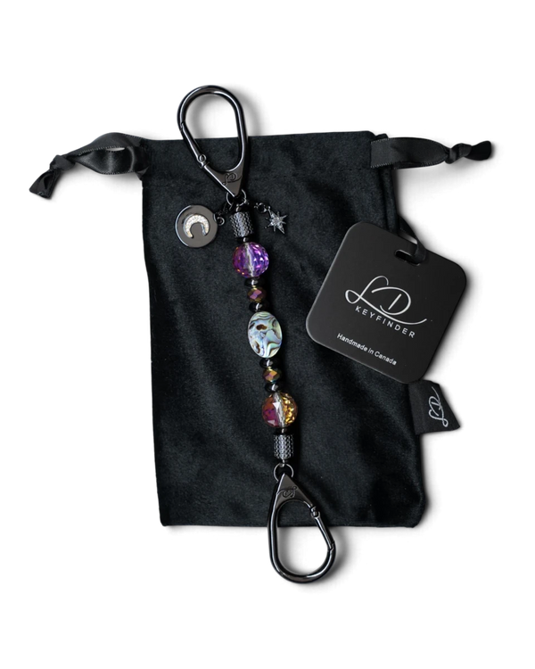 LD Keyfinder Midnight Aurora-Mini keychain with abalone shell, rainbow crystal beads, and moon and star charms.