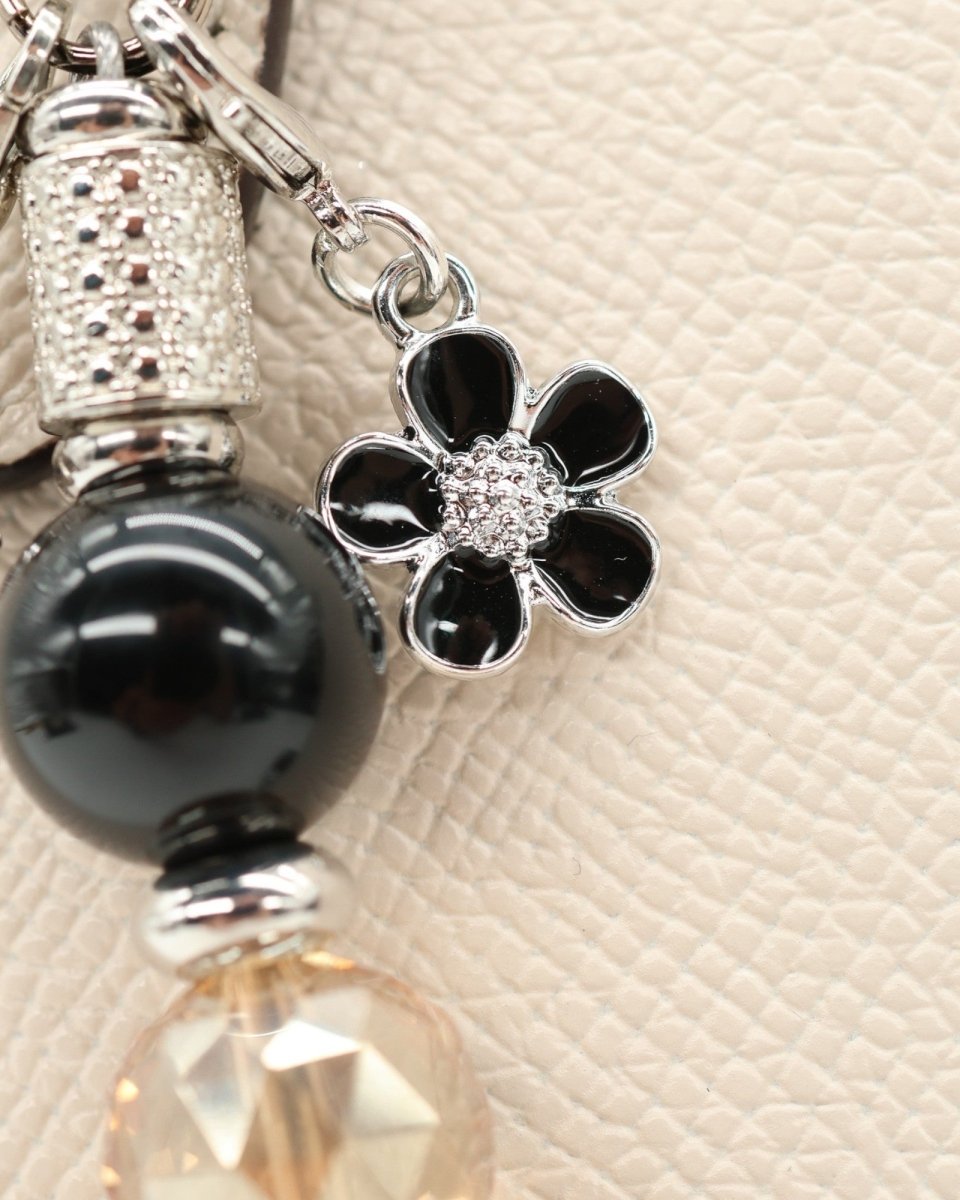 LD Keyfinder Midnight Hive keychain with black obsidian, crystal bead, and rhinestone bumblebee charm.