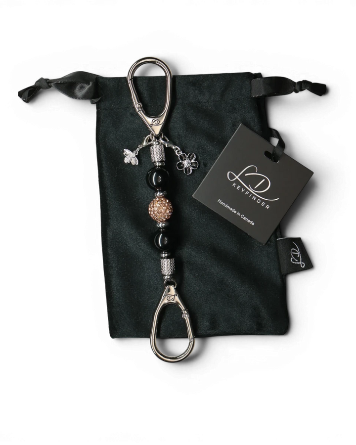 LD Keyfinder Midnight Hive Mini keychain with black obsidian beads, rose gold crystal bead, bee and flower charms.