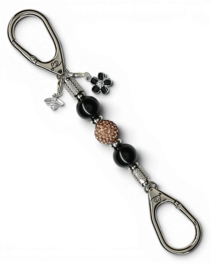LD Keyfinder Midnight Hive Mini keychain with black obsidian beads, crystal-embellished bead, and bumblebee & flower charms.