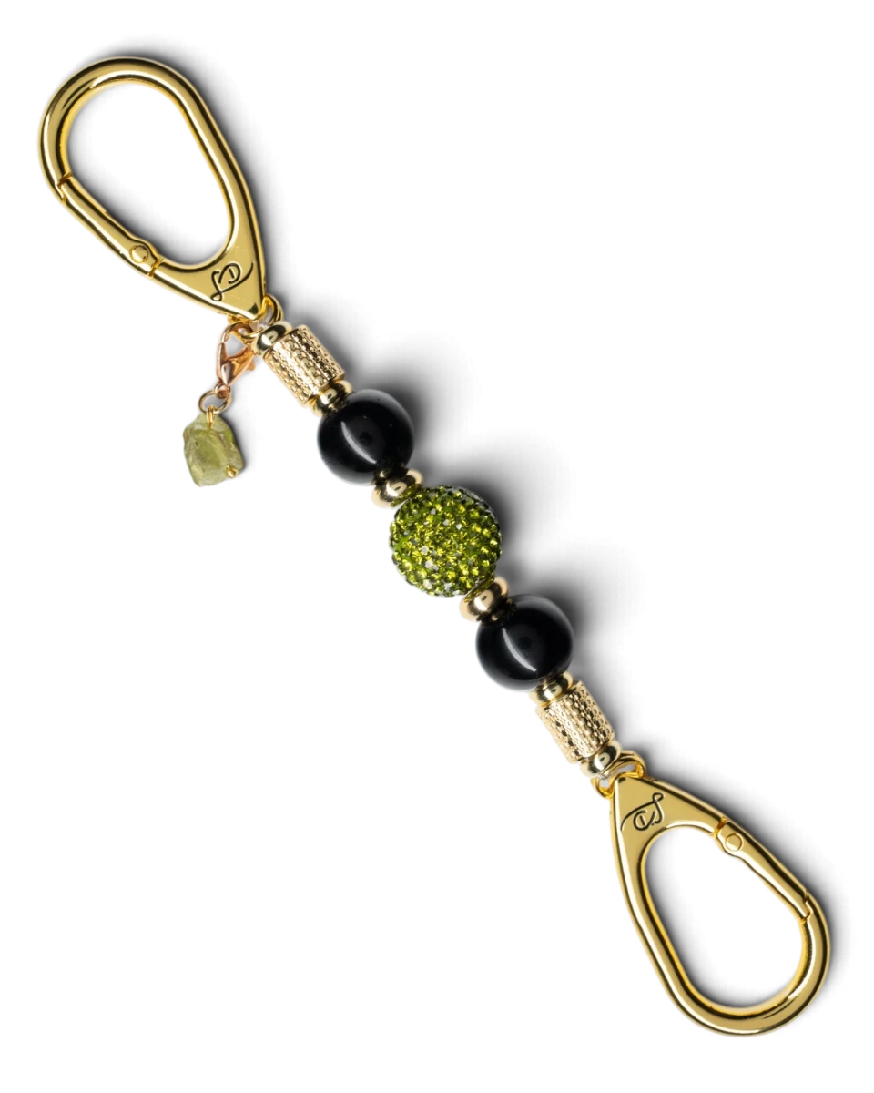 LD Keyfinder Midnight Peridot-Mini featuring black obsidian beads, a green crystal center bead, and gold-plated clips.