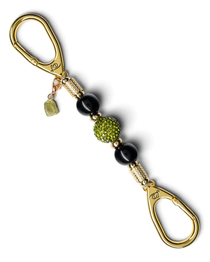 LD Keyfinder Midnight Peridot-Mini featuring black obsidian beads, a green crystal center bead, and gold-plated clips.