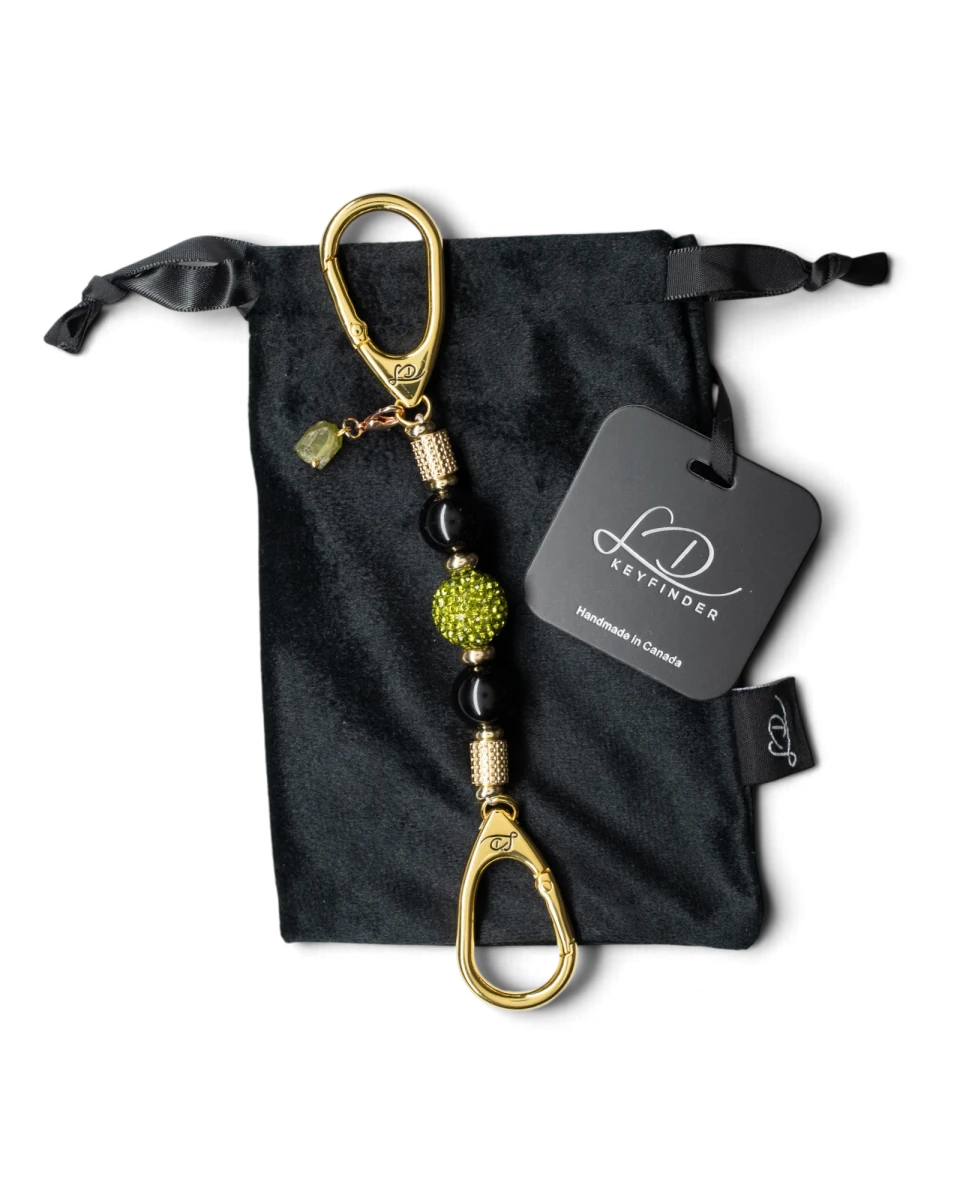 LD Keyfinder Midnight Peridot-Mini featuring black obsidian beads, a green crystal center bead, and gold-plated accents.
