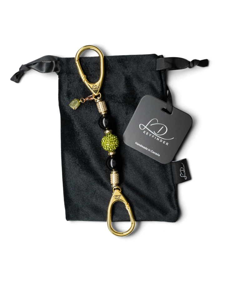 LD Keyfinder Midnight Peridot-Mini featuring black obsidian beads, a green crystal center bead, and gold-plated accents.