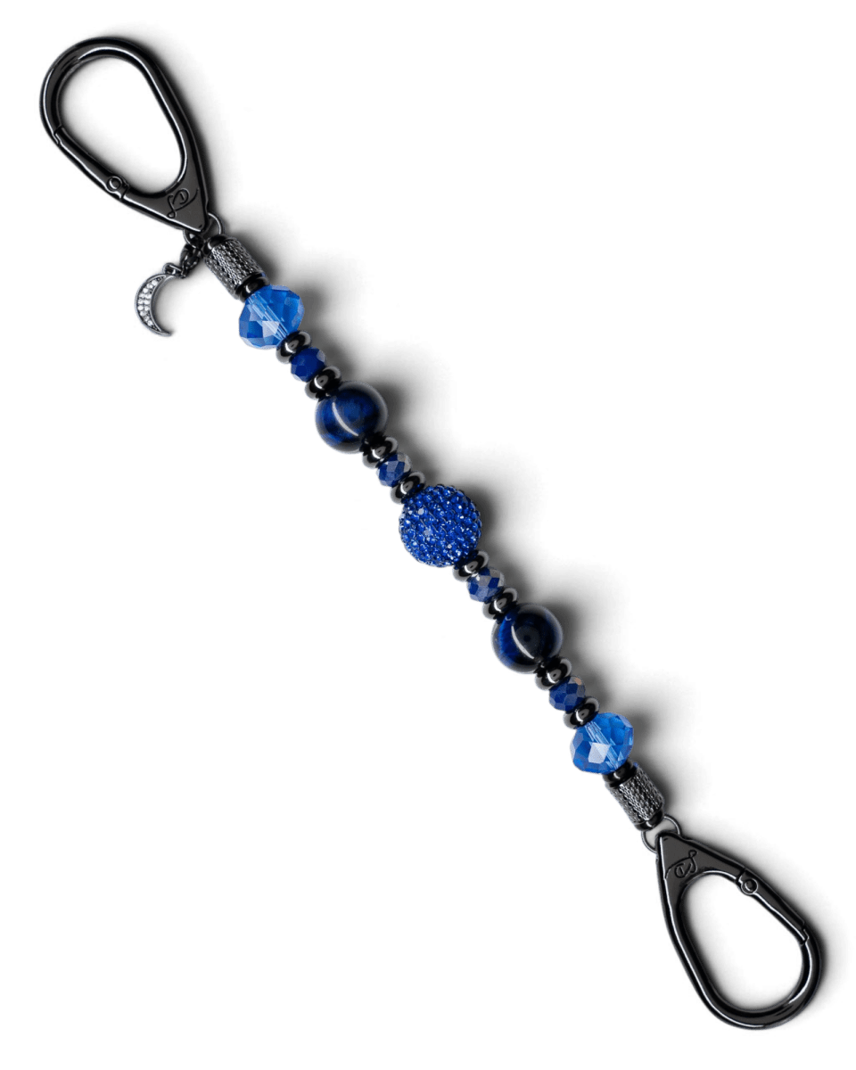 LD Keyfinder Midnight Sapphire beaded keychain with blue tiger eye, sapphire crystals, and a rhinestone moon charm.