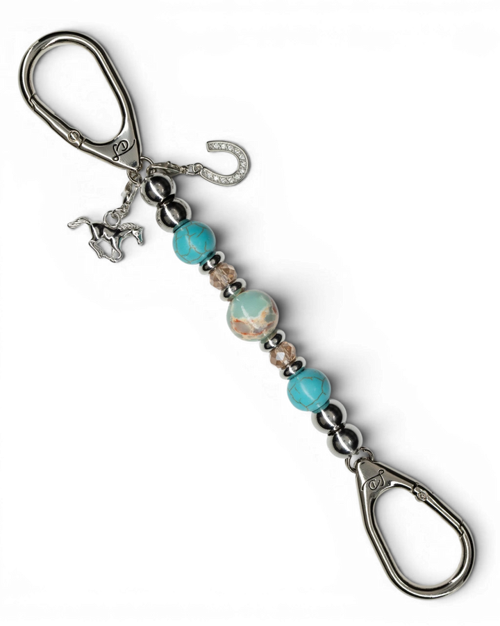 LD Keyfinder Mini Cowgirl Dreams keychain with turquoise, Imperial Jasper, and golden beads plus horse and horseshoe charms