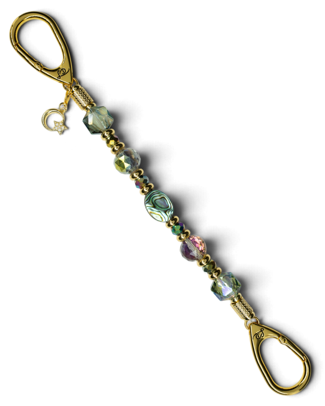 LD Keyfinder Northern Lights beaded keychain with abalone shell, rainbow crystal beads, and gold moon and star charm.