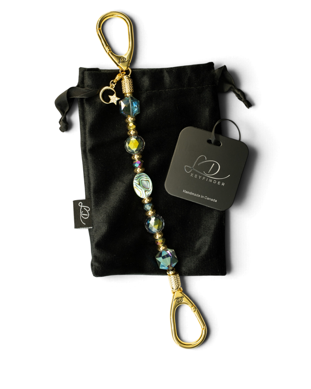 LD Keyfinder Northern Lights beaded keychain with abalone shell, rainbow crystal beads, and gold moon and star charm.