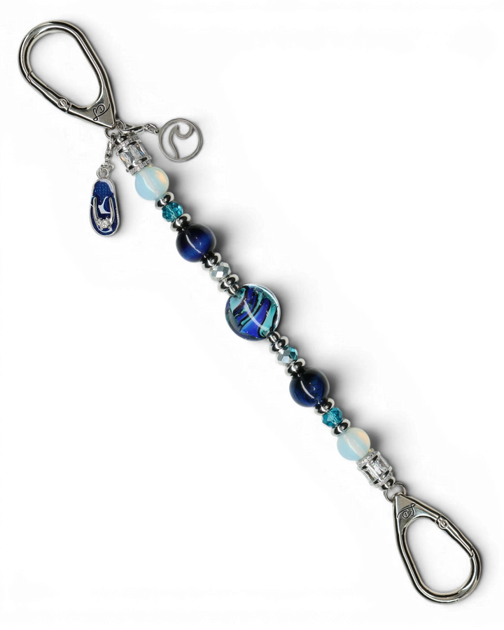 LD Keyfinder Ocean Mosaic beaded keychain with artisan blue glass, tiger eye, opalite, and seaside charms.