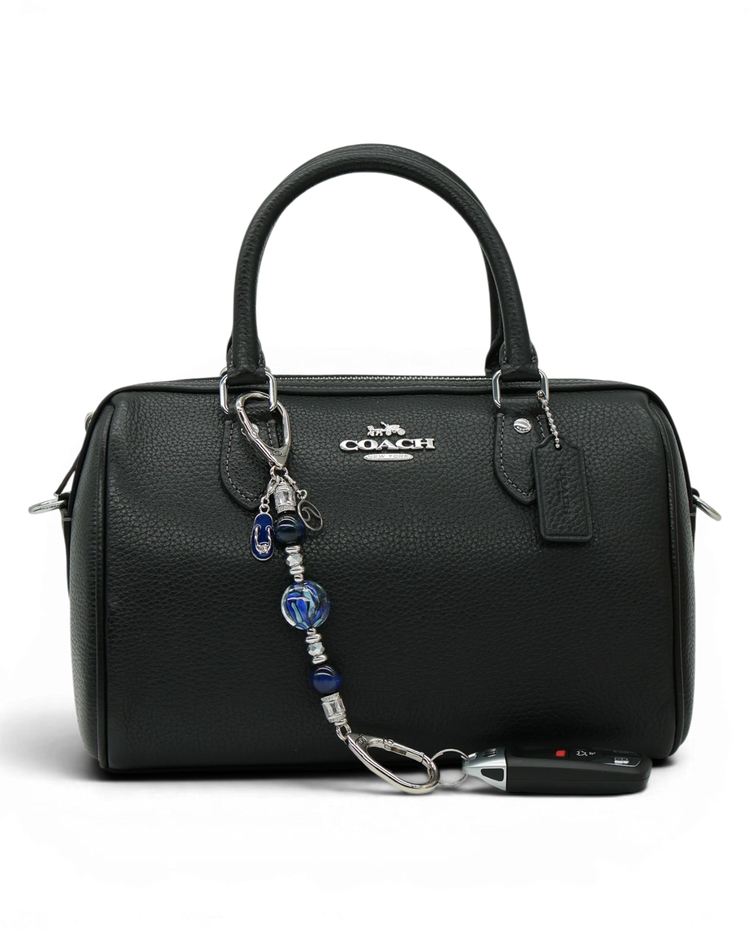 LD Keyfinder Ocean Mosaic Petite beaded keychain with artisan glass and blue tiger eye beads attached to a black bag.