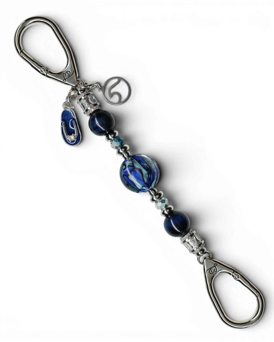 LD Keyfinder Ocean Mosaic Petite featuring artisan blue glass, tiger eye beads, and ocean-themed charms on silver clips.