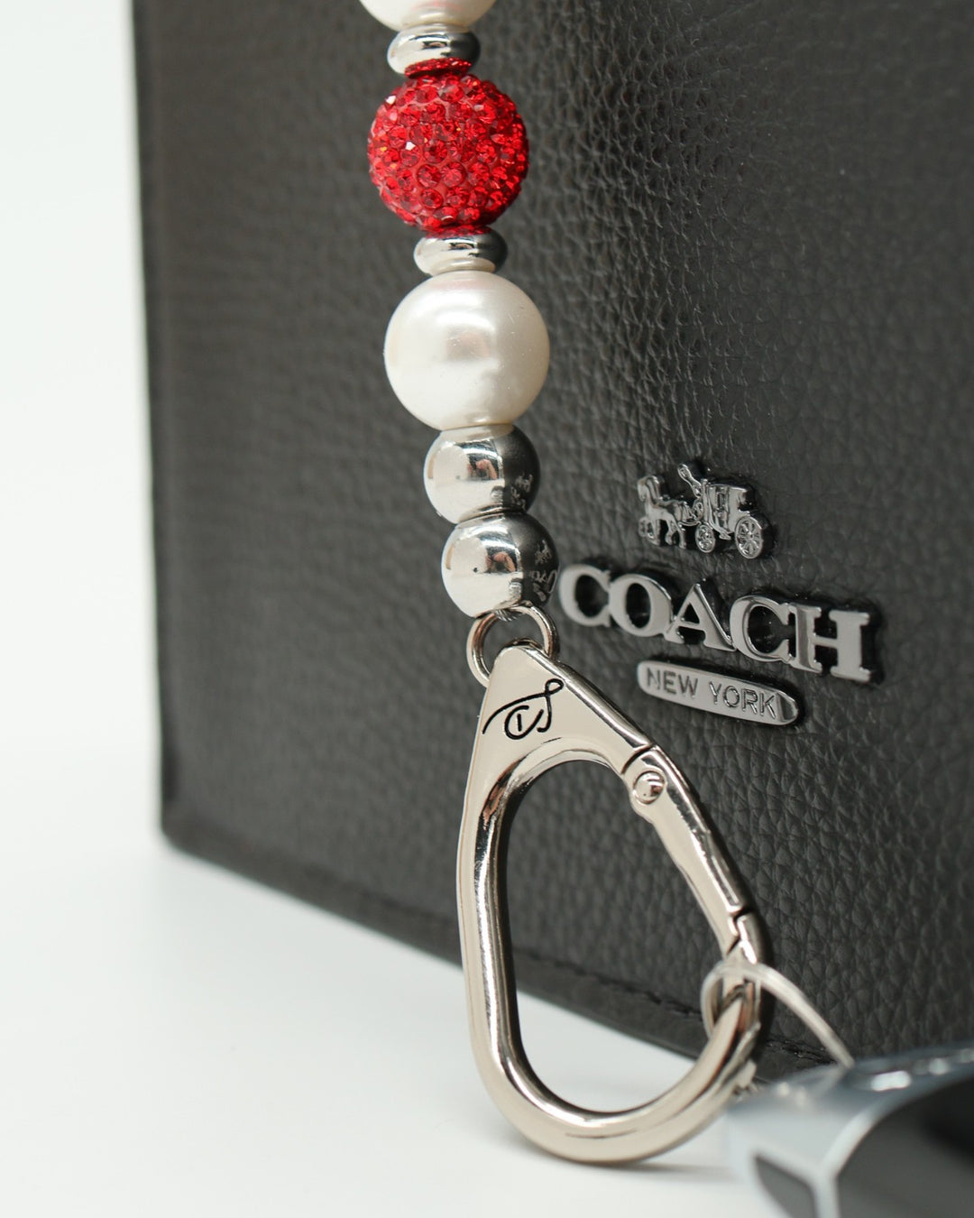 LD Keyfinder Oh Canada Shimmer lanyard with red crystal and pearl beads, silver flag charm.