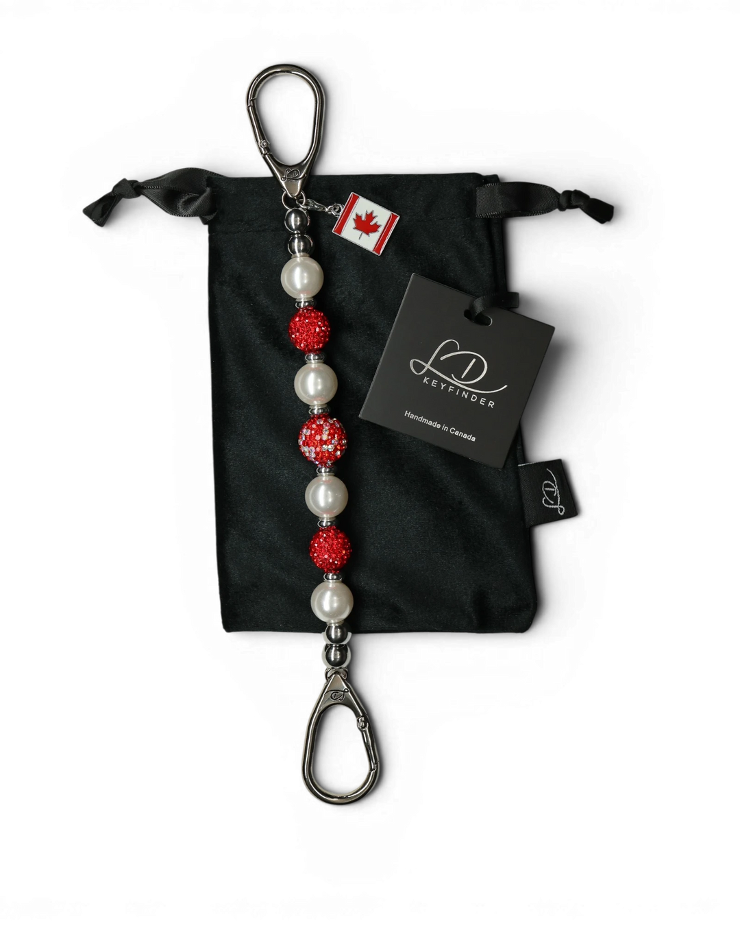 LD Keyfinder Oh Canada Shimmer keychain with red crystal, pearl, and sparkly red beads, and a Canada flag charm.