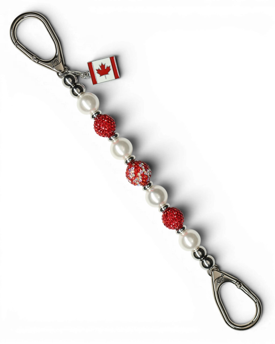 LD Keyfinder Oh Canada Shimmer keychain with red crystal, white pearl, and silver beads, plus a Canada flag charm.