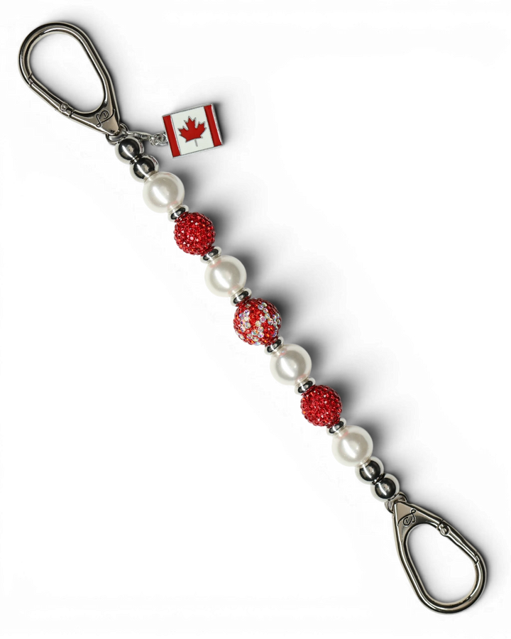 LD Keyfinder Oh Canada Shimmer keychain with red crystal, white pearl, and silver beads, plus a Canada flag charm.