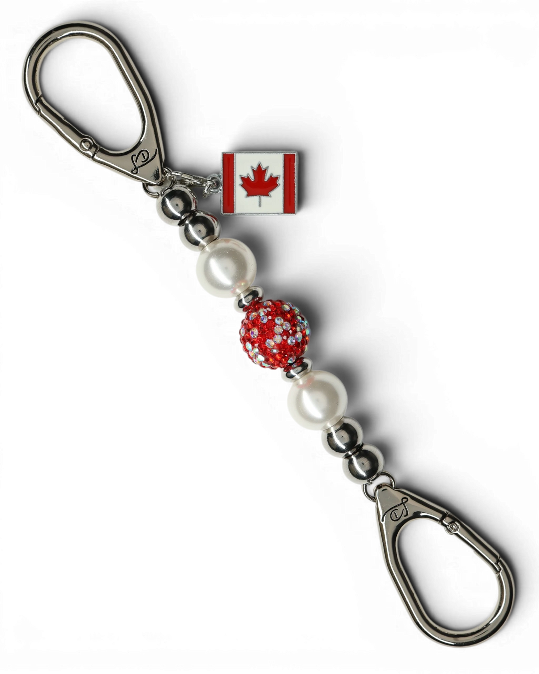 LD Keyfinder Oh Canada Shimmer Mini keychain with white pearls, red crystal bead, and Canada flag charm.