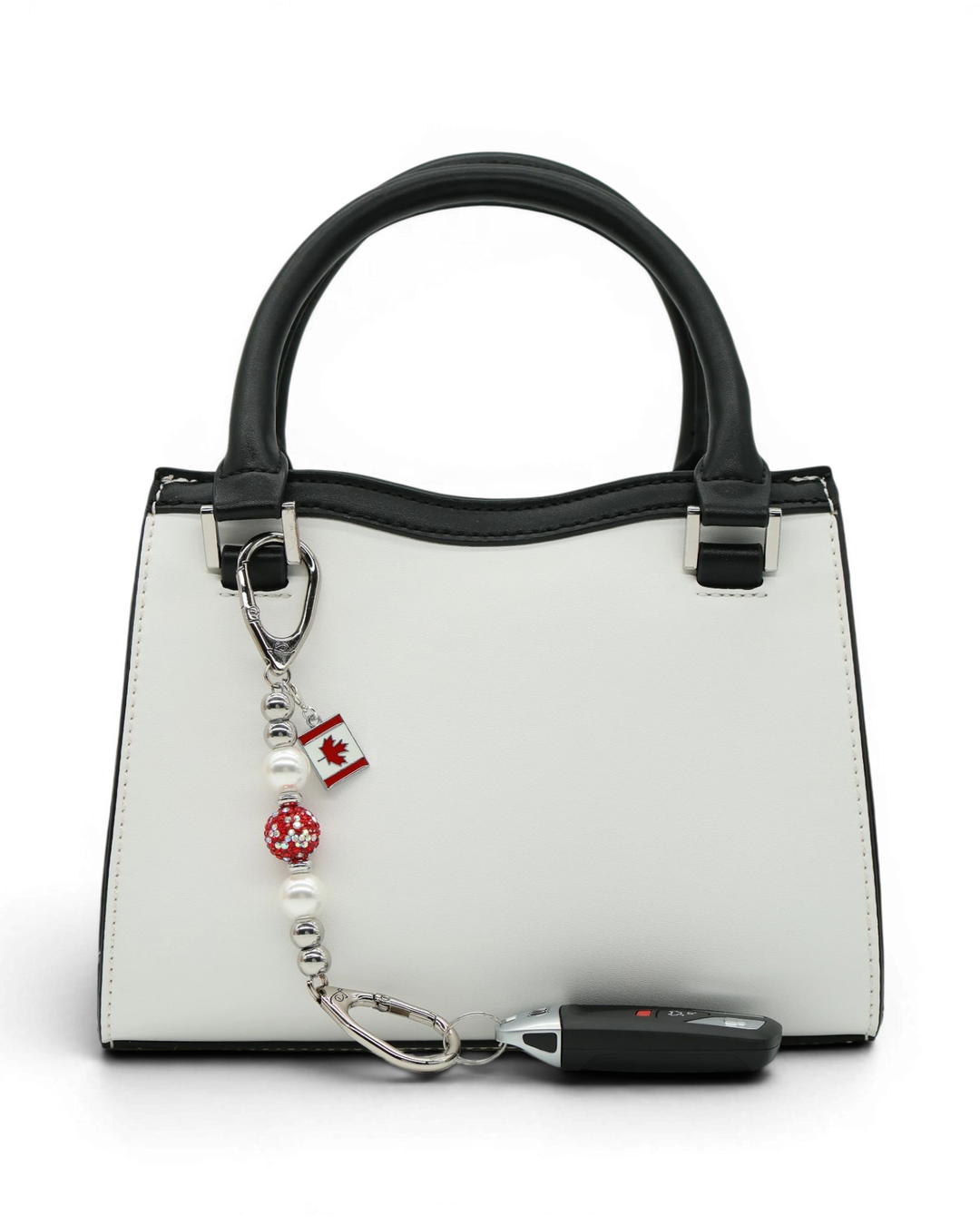 LD Keyfinder Oh Canada Shimmer Mini keychain with white pearls, red crystal bead, and Canada flag charm.