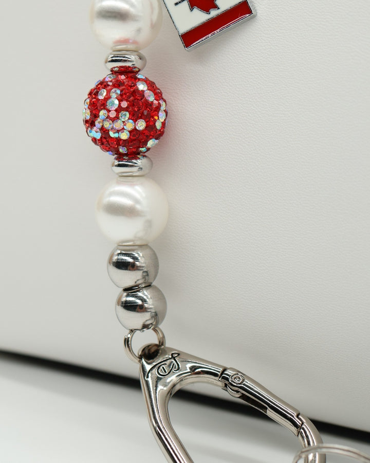 LD Keyfinder Oh Canada Shimmer Mini lanyard with white pearls, red crystal bead, and Canada flag charm.