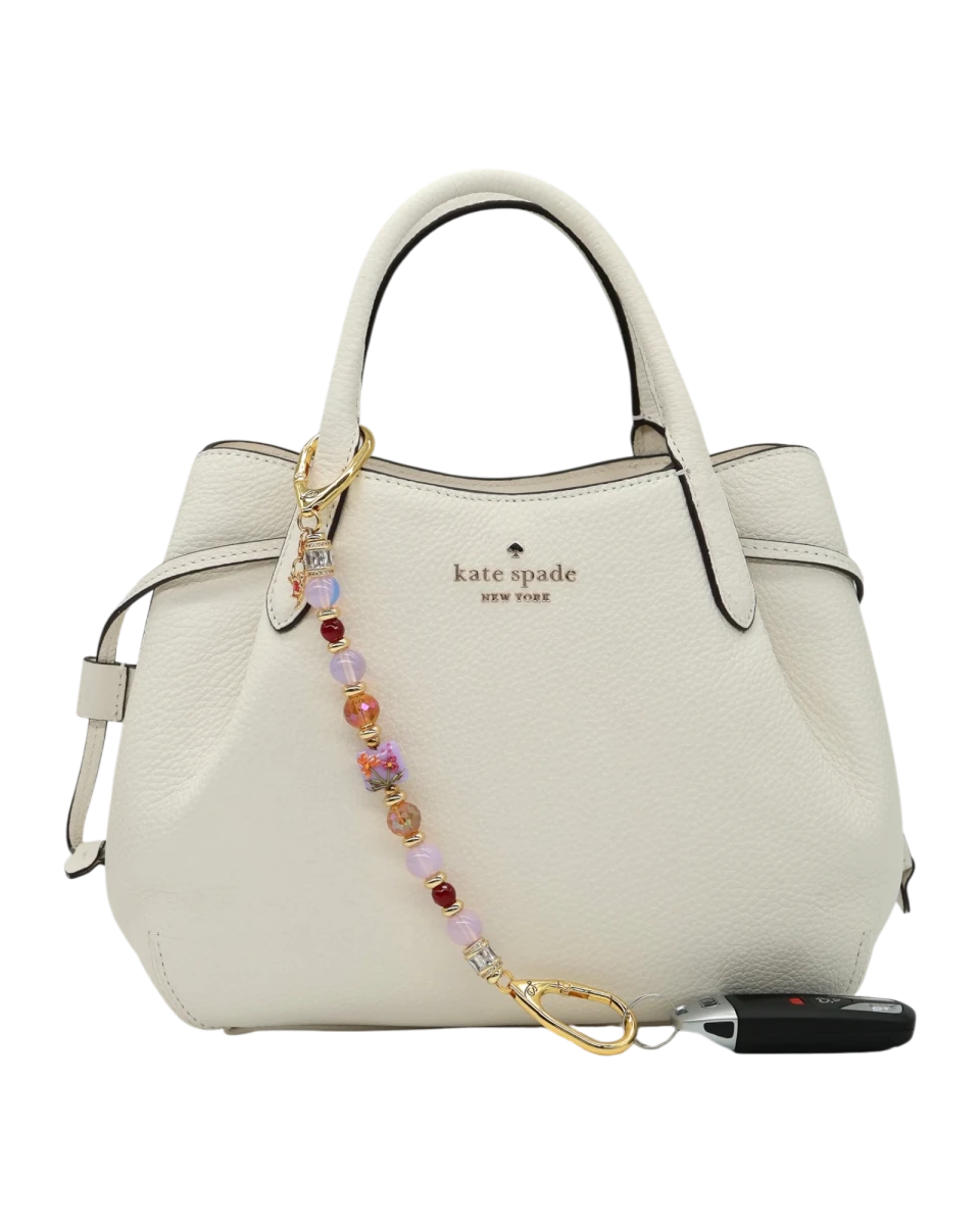 LD Keyfinder Opalite Bloom charm with pink opalite, ruby, and etched glass beads, and hummingbird charm.