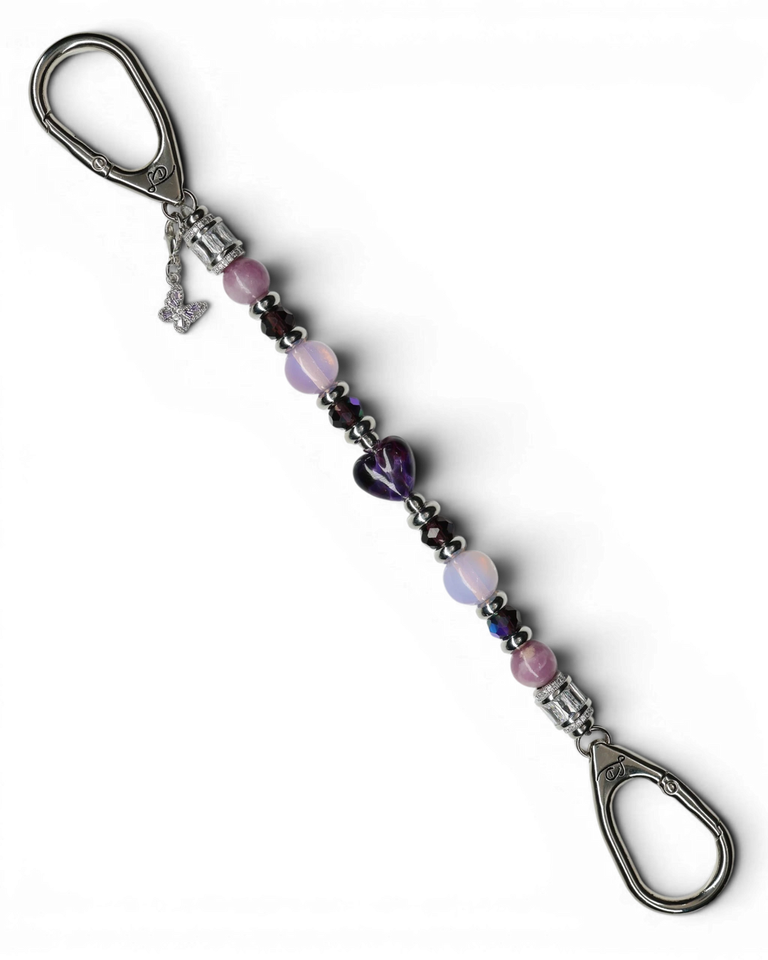 LD Keyfinder Orchid Flutter beaded accessory with lepidolite, opalite, glass beads, and a purple butterfly charm.