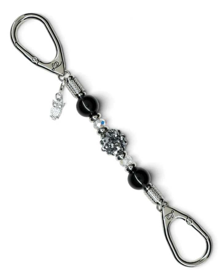 LD Keyfinder Owl That Glitters Mini featuring black obsidian beads, iridescent glass, and a sparkling owl charm.