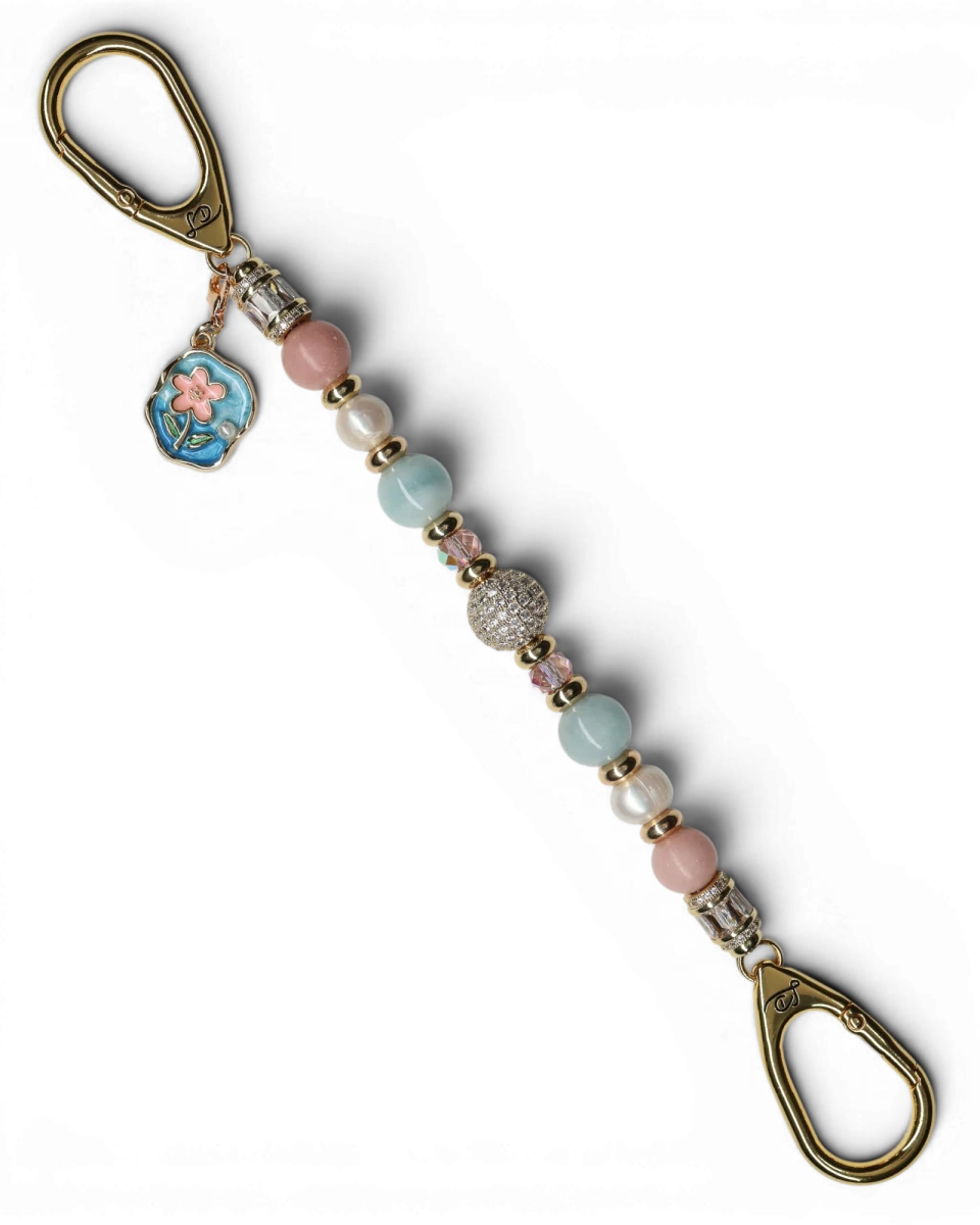 LD Keyfinder Pastel Garden keychain with pink opal, pearl, aquamarine beads, gold accents, and flower charm.