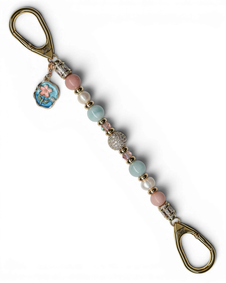 LD Keyfinder Pastel Garden keychain with pink opal, pearl, aquamarine beads, gold accents, and flower charm.