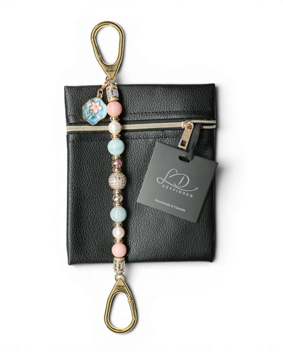 LD Keyfinder Pastel Garden beaded keychain with pink opal, freshwater pearls, aquamarine, and gold-plated charm.
