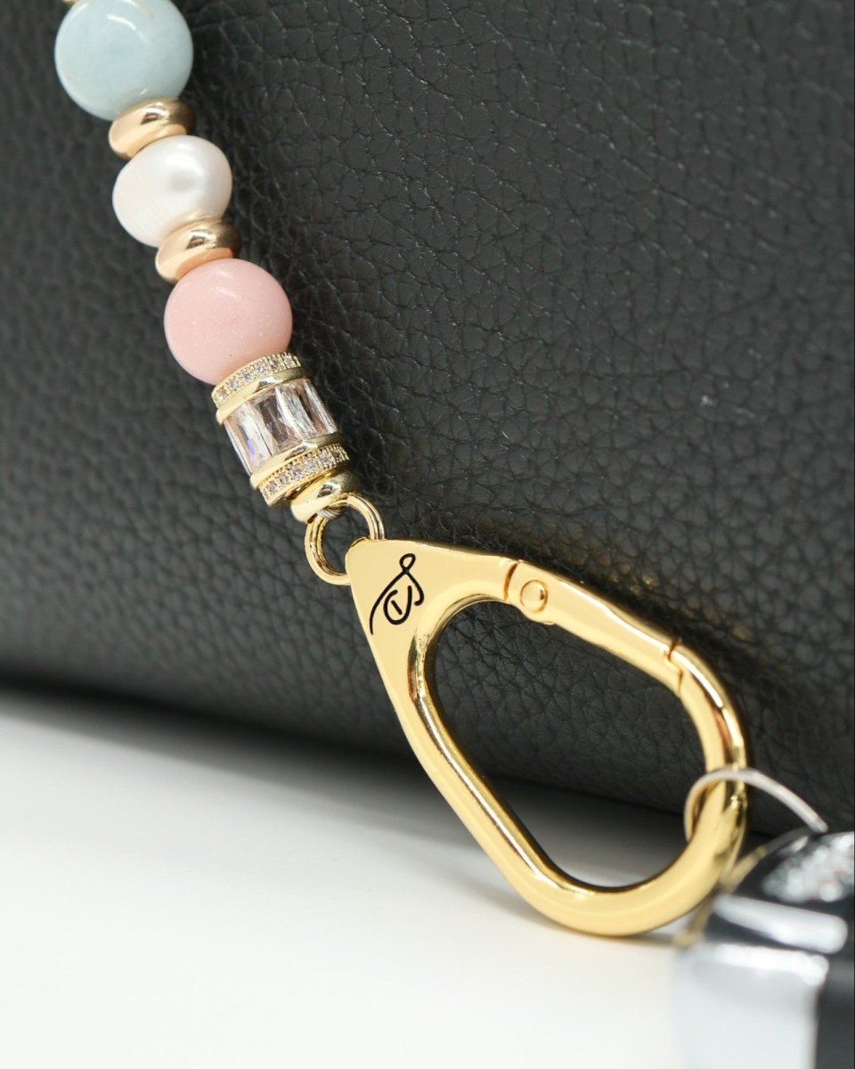 LD Keyfinder Pastel Garden beaded lanyard with pink opal, freshwater pearls, aquamarine, and gold-plated accents.