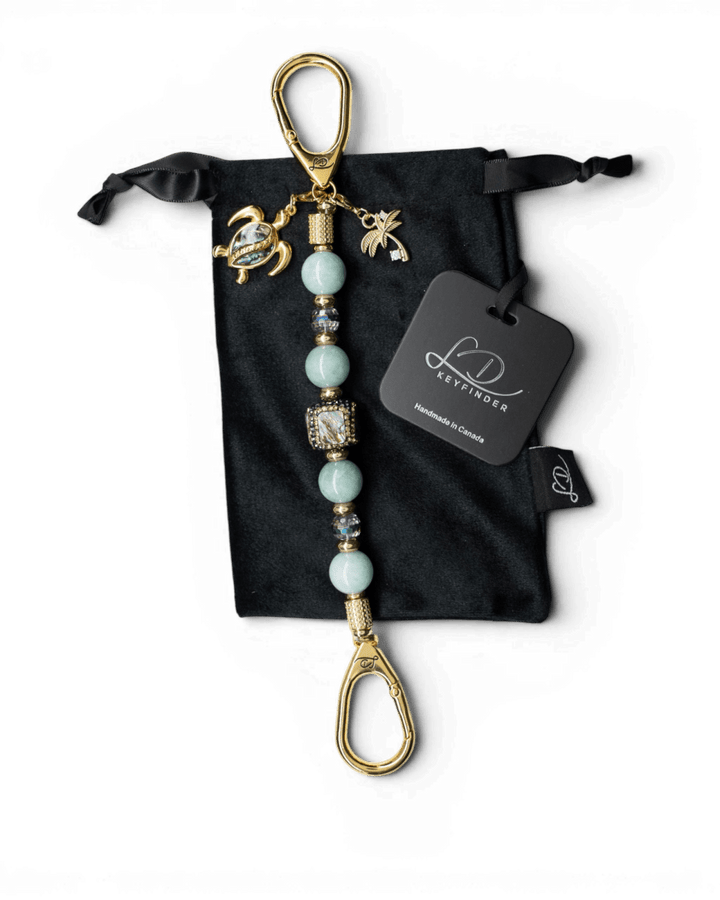 LD Keyfinder Paua Paradise beaded keyfinder with aqua Malaysian jade, paua shell, turtle and palm tree charms.