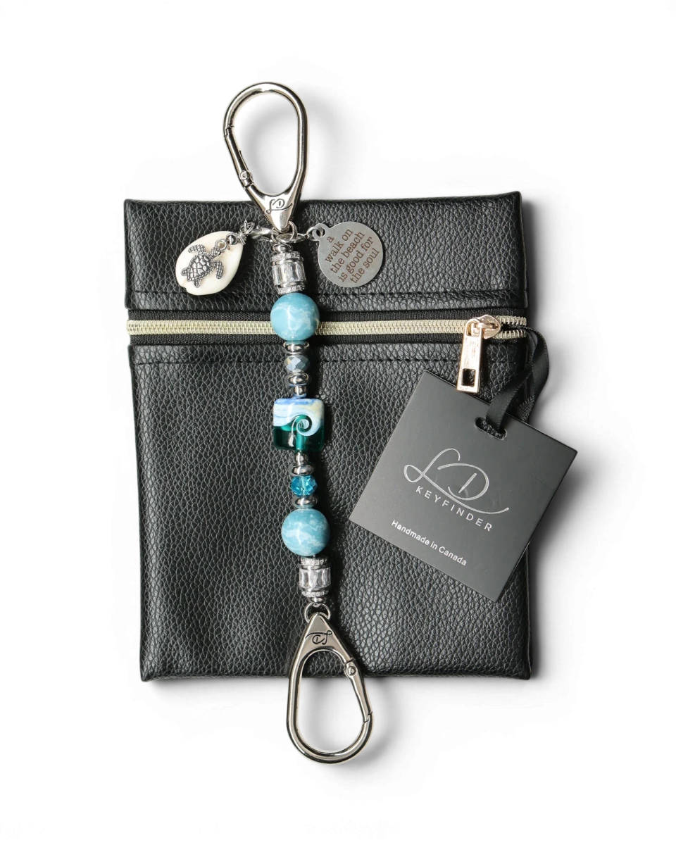LD Keyfinder Petite Beachy Dreams keychain with blue and teal beads, turtle charm, and inspirational quote charm.