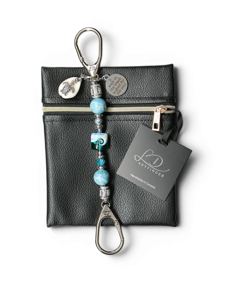 LD Keyfinder Petite Beachy Dreams keychain with blue and teal beads, turtle charm, and inspirational quote charm.