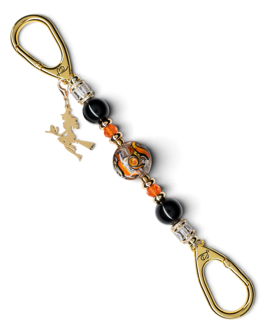 LD Keyfinder Petite Bewitched Halloween keychain with black obsidian, orange glass beads, and a gold witch charm.