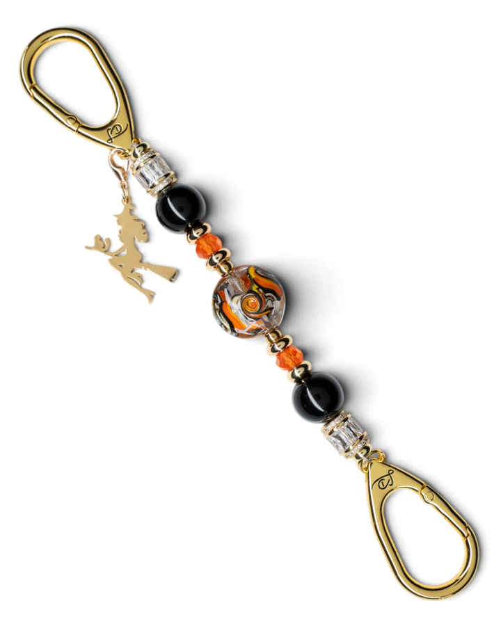 LD Keyfinder Petite Bewitched Halloween keychain with black obsidian, orange glass beads, and a gold witch charm.
