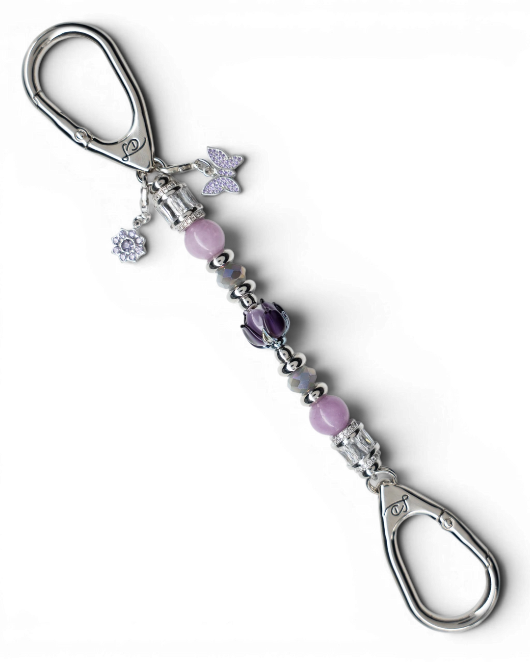 LD Keyfinder Petite Blooming Joy featuring lavender Lepidolite, purple Jade beads, glass tulip, and rhinestone charms.