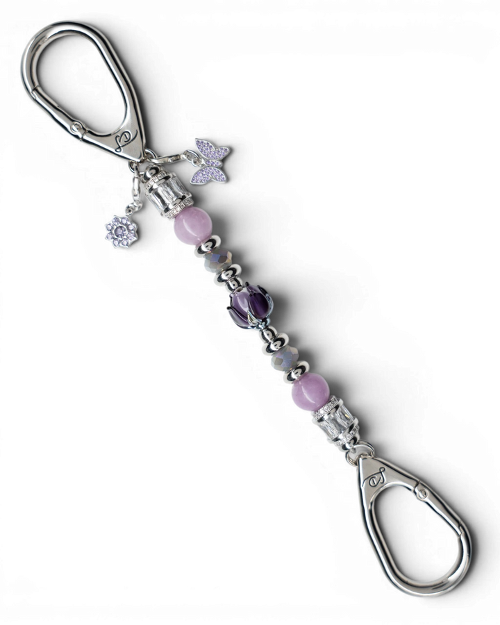 LD Keyfinder Petite Blooming Joy featuring lavender Lepidolite, purple Jade beads, glass tulip, and rhinestone charms.