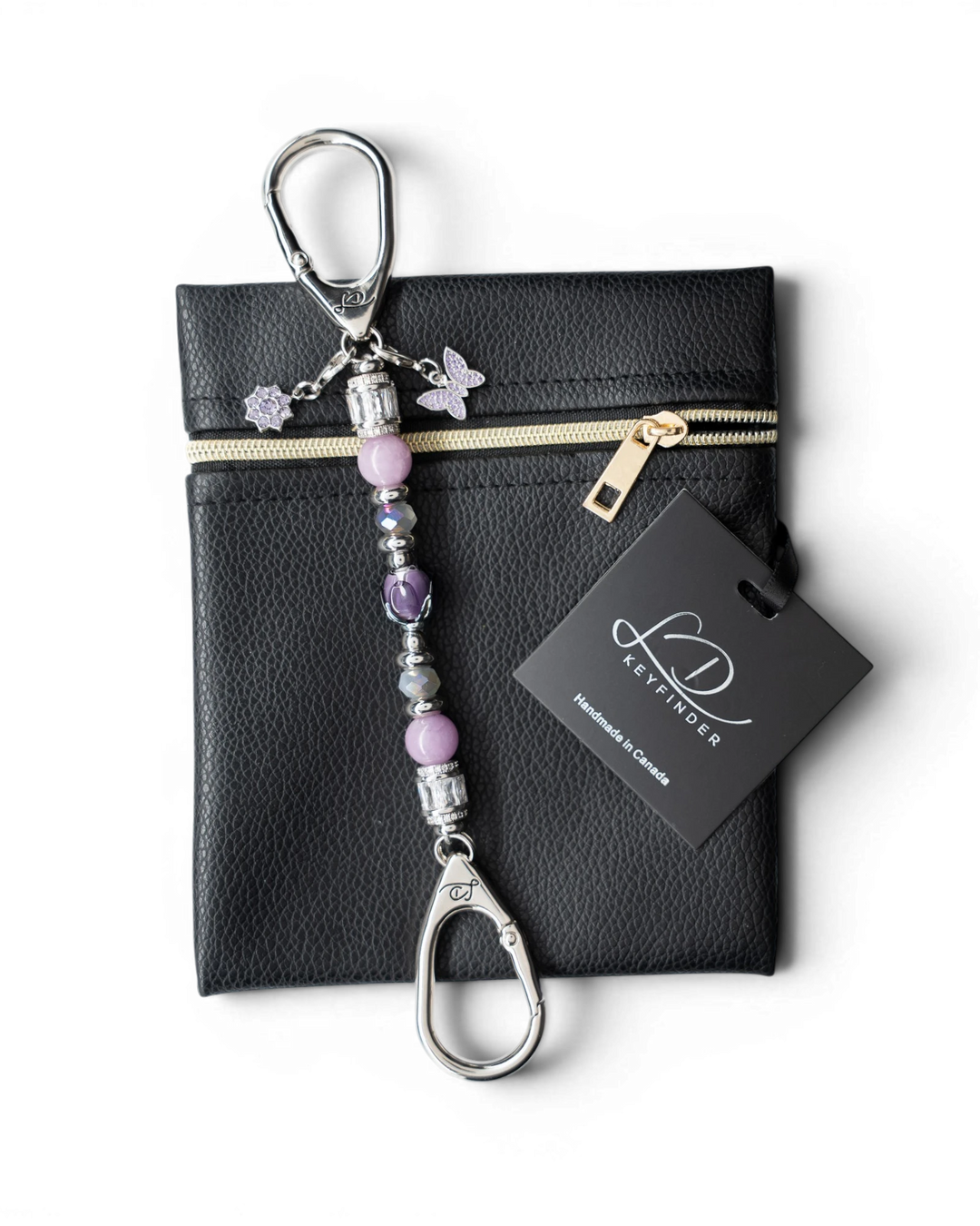 LD Keyfinder Petite Blooming Joy keychain with lavender Lepidolite, purple Jade, glass tulip, and butterfly charms.