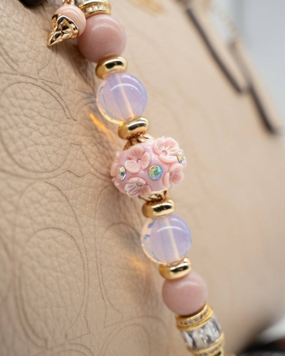 LD Keyfinder Petite Blush Sorbetto featuring pink opal, iridescent opalite, floral artisan bead, and gold accents.