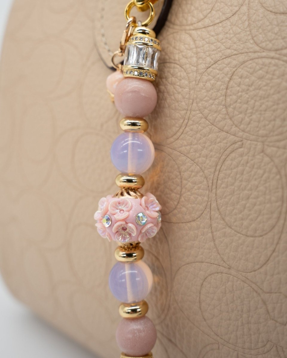 LD Keyfinder Petite Blush Sorbetto featuring pink opal, iridescent beads, floral artisan centerpiece, and gold charm.
