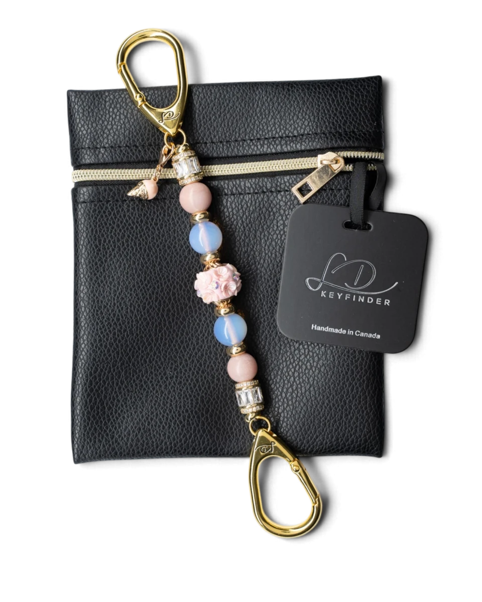 LD Keyfinder Petite Blush Sorbetto featuring pink opal, opalite, floral artisan bead, and gold ice cream cone charm.