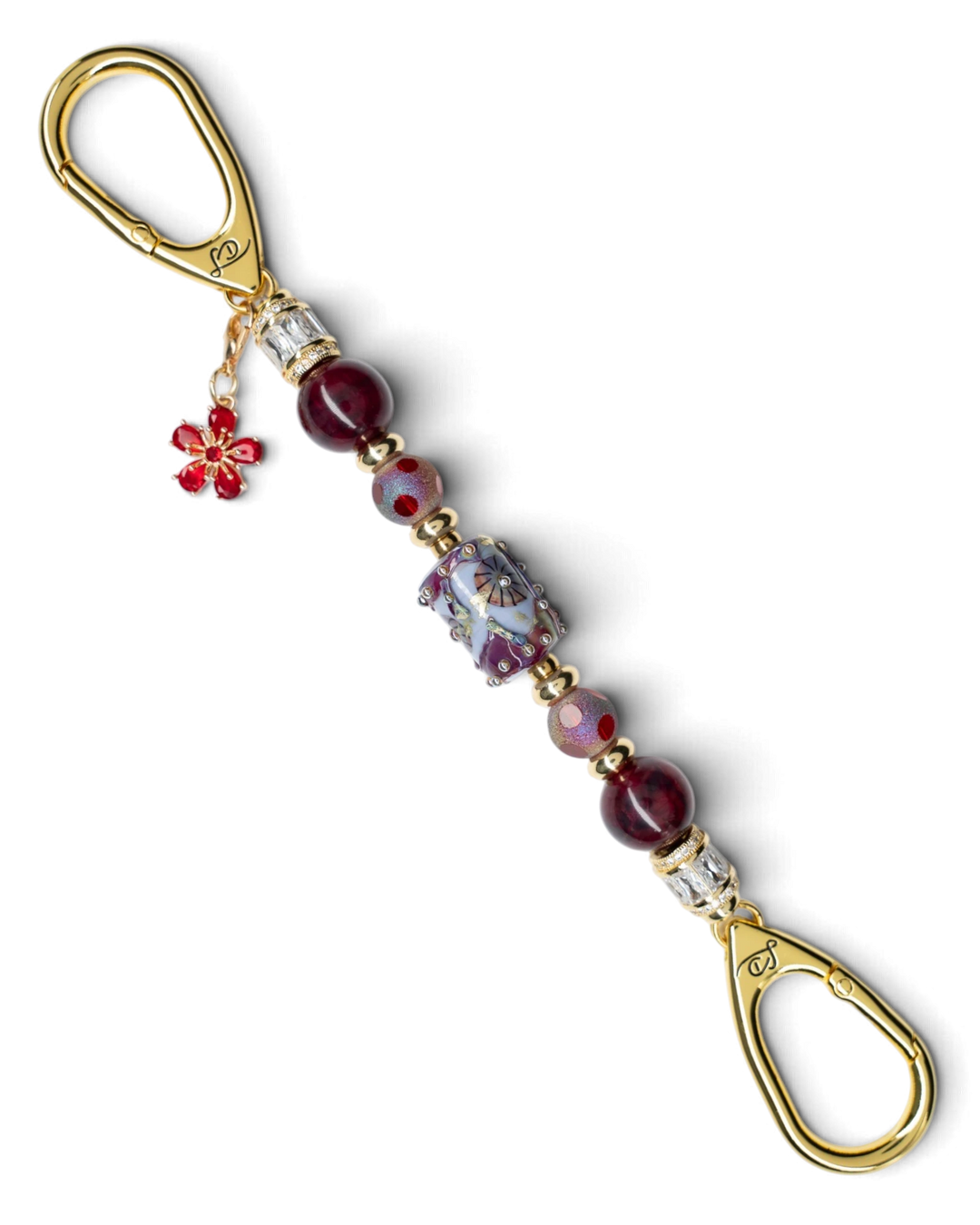LD Keyfinder Petite Bordeaux Bloom featuring burgundy agate, artisan glass, gold-plated accents, and a red flower charm.