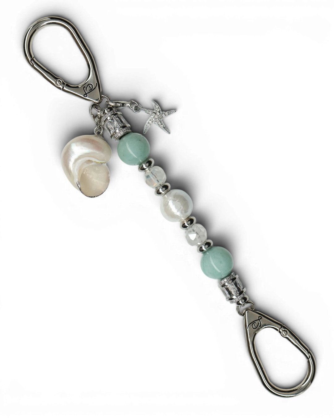 LD Keyfinder Petite Caribbean Pearl featuring aqua jade, shell pearl, and glass beads with starfish and shell charms.