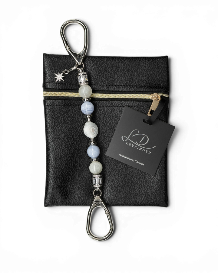LD Keyfinder Petite Cloud Dancer beaded keychain with blue lace agate, moonstone, druzy agate, and a pavé star charm.