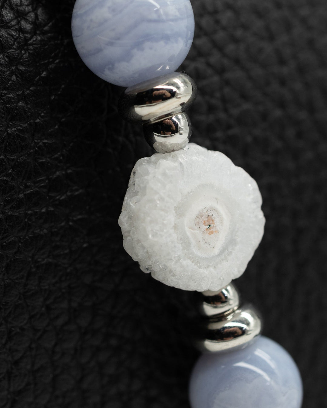LD Keyfinder Petite Cloud Dancer keychain with blue lace agate, rainbow moonstone, and a natural sunflower druzy slice.