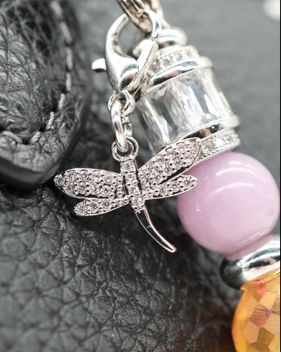 LD Keyfinder Petite Dragonfly Magic charm with purple lepidolite, orange faceted glass, and rhinestone dragonfly.