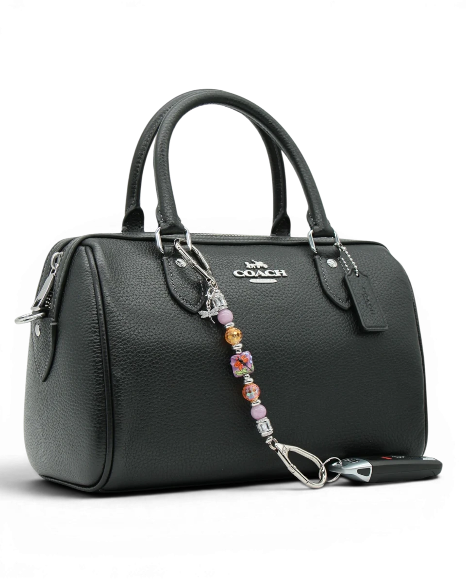 LD Keyfinder Petite Dragonfly Magic charm with purple lepidolite, orange glass beads, and rhinestone dragonfly charm.