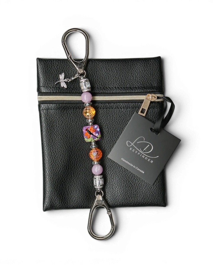 LD Keyfinder Petite Dragonfly Magic keychain with purple lepidolite, orange glass beads, and a lampwork dragonfly bead.