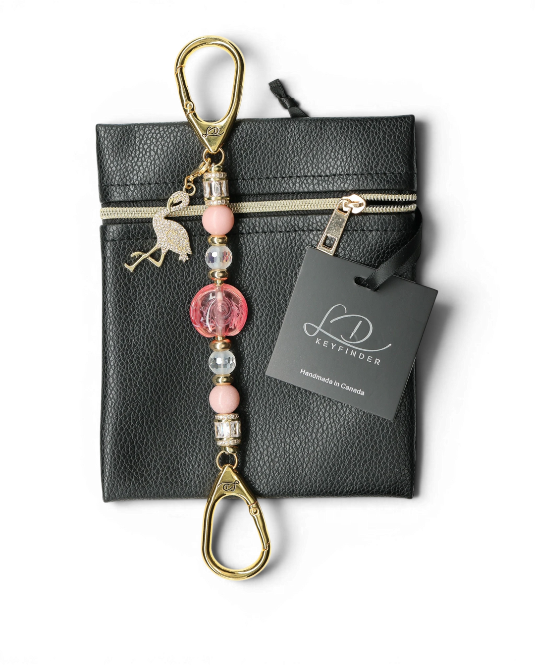 LD Keyfinder Petite Flamingo Fantasy keychain with pink opal, crystal beads, and gold flamingo charm on black pouch