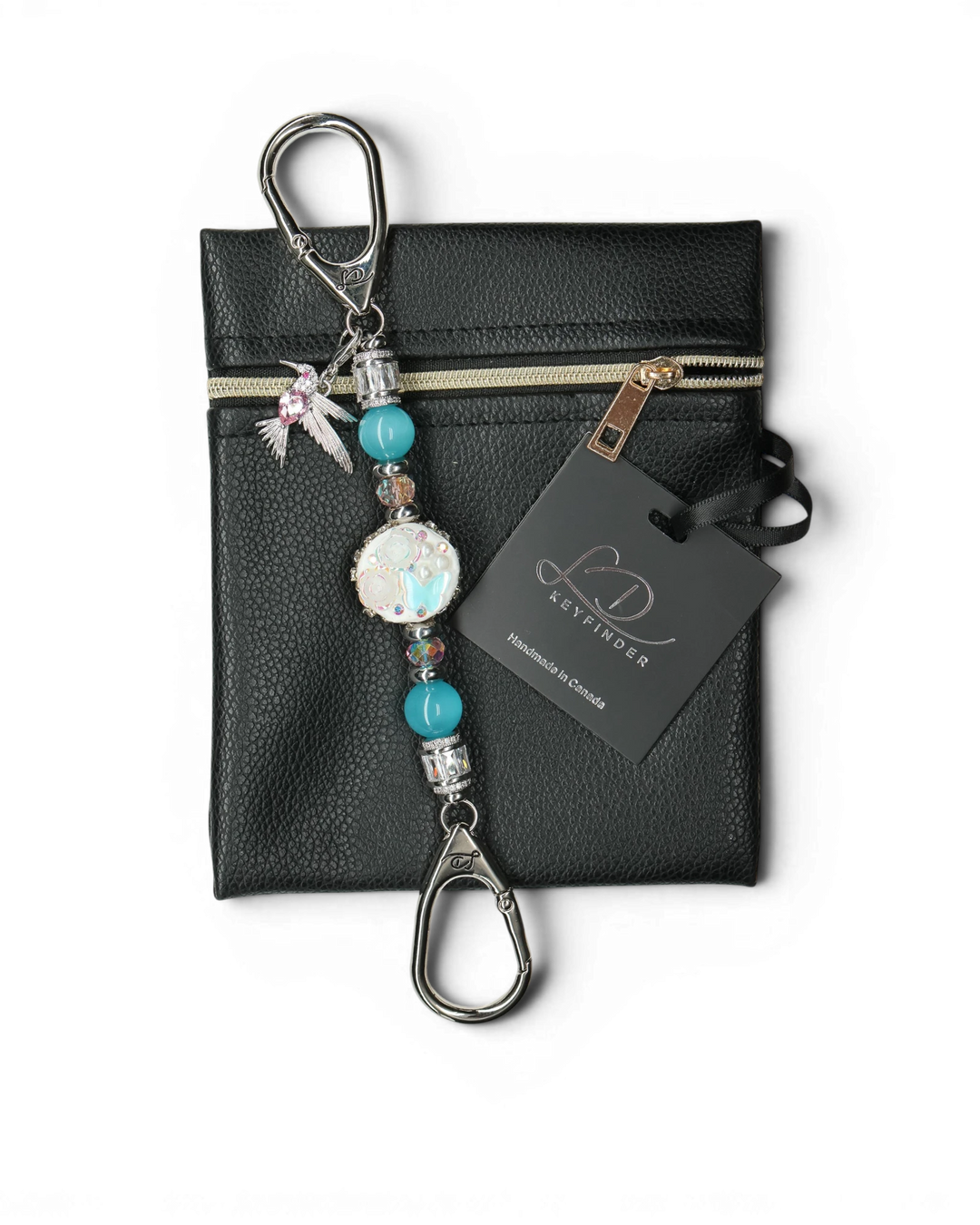 LD Keyfinder Petite Garden Serenade keychain with aqua cat's eye, pink glass beads, and a hummingbird charm.